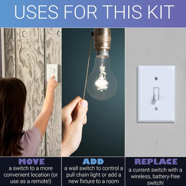 RunLessWire Simple Wireless Light Switch Kit, No-Wires and Battery-Free Light Switches for Home (1 Receiver and 1 Light Switch) #RW9-SKWH