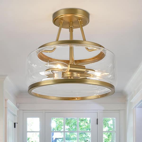 Kost 3-Light 11.8 in. Gold Semi Flush Mount Ceiling Light with Glass Shade