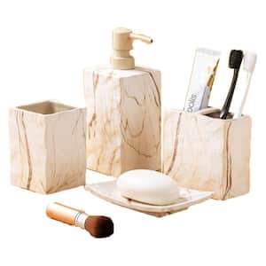 4-Piece Bathroom Accessory Set with Soap Dispenser, Tumbler, Soap Tray, Toothbrush Holder in Marble Brown