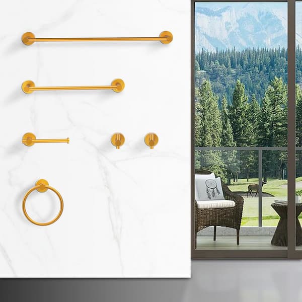 Tileon 6-Piece Aluminum Bathroom Hardware Set in Brushed Gold with Towel Bar, Towel hook, Toilet Paper Holder, Towel Ring