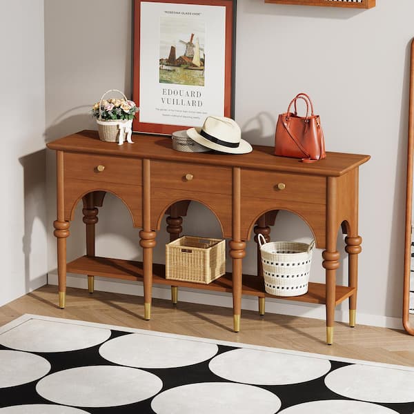 BYBLIGHT Turrella 59.06 in. Brown Rectangle Engineered Wood Console Table with Solid Wood Legs
