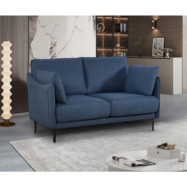 Noble House Chloe 53 in. Wide Modern Straight Arm Polyester Rectangle 2-Seater Sofa in. Dark Blue with USB Charge Port