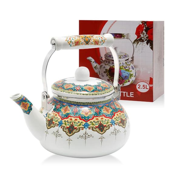 Accent Plate Retro Style 2.5L 10-Cup Colorful Porcelain Enamel Tea Kettle Ceramic Handle Induction Compatible Water Pot