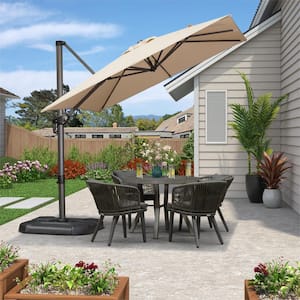 8 ft. Square Aluminum Outdoor Patio Cantilever Umbrella Offset 360° Rotation Umbrella with Base, Beige