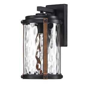 13.9 in. H 1-Light Matte Black Hardwired Outdoor Wall Lantern Sconce with and Barnwood accents