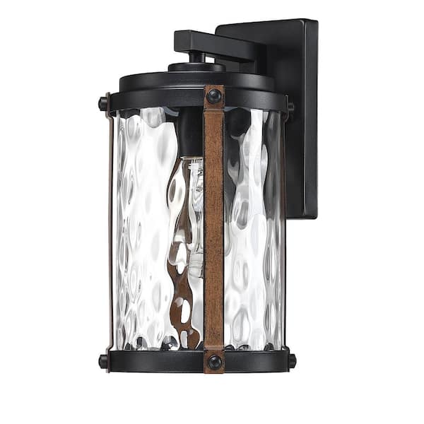 Hukoro 13.9 in. H 1-Light Matte Black Hardwired Outdoor Wall Lantern Sconce with and Barnwood accents