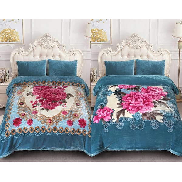 Blue Floral 75 in. x 87 in. Reversible Printed Polyester Fleece Mink Warm Thick Winter Blanket