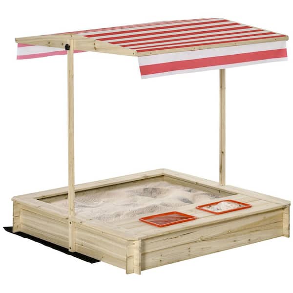 3.9 ft. W x 3.9 ft. L Kids Wooden Covered Sandbox with Adjustable Canopy Shade, Bottom Liner, Seat, Plastic Basin