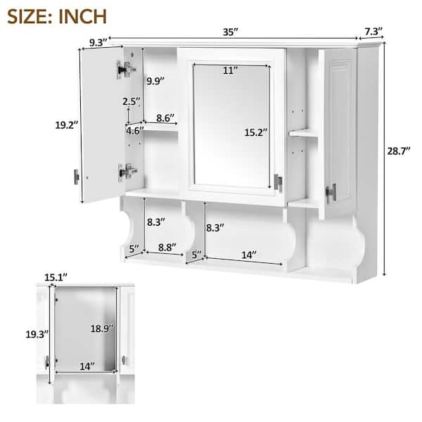 EPOWP 35 in. W x 28.7 in. H Rectangular White MDF Surface Mount Medicine Cabinet with Mirror and Open Shelves