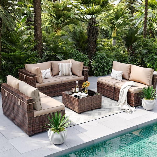 7-Piece Rattan Sectional Seating Group with Khaki Cushions