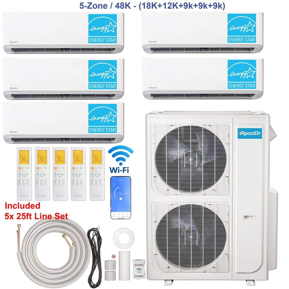 5-Zone ENERGY STAR Wi-Fi 48K BTU 230V 21 SEER2 Mini Split AC w/ Heat Pump +18K+12K+9K+9K+9K BTU Heads 25 ft. Lineset x 5 price history on PriceWatchPro