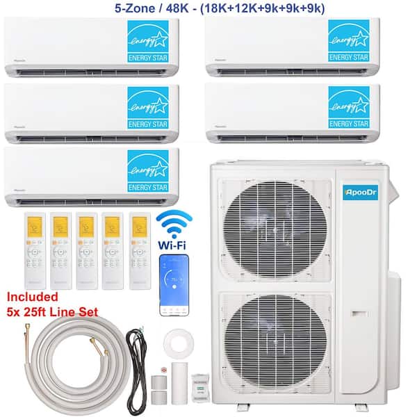 5-Zone ENERGY STAR Wi-Fi 48K BTU 230V 21 SEER2 Mini Split AC w/ Heat Pump +18K+12K+9K+9K+9K BTU Heads 25 ft. Lineset x 5