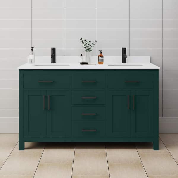Wyndham Collection Beckett 60 in. W x 22 in. D x 35 in. H Double Sink Bathroom Vanity in Green with White Cultured Marble Top