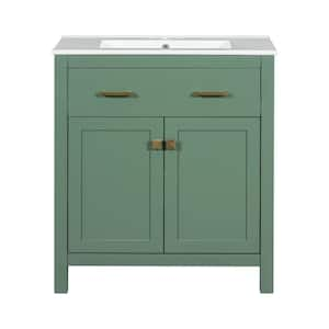 30 in. W Single Sink Freestanding Bath Vanity in Green with White Ceramic Top, 2 Doors and a Shelf