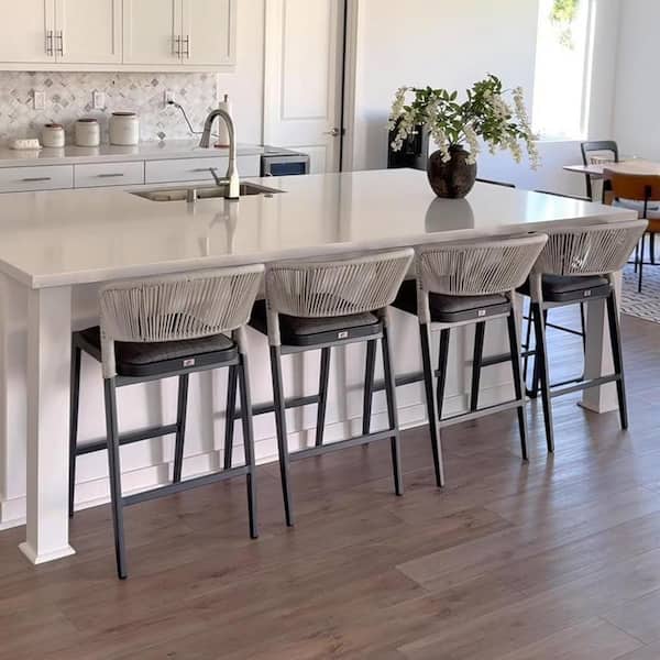 PURPLE LEAF Modern Aluminum Low Back Rattan Counter Height Outdoor Bar Stool with Backrest and Dark Gray Cushion (4-Pack)