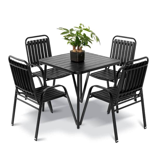 HOMEFUN 5-Piece Steel Patio Outdoor Dining Set 4 Plastic Stackable PVC Chairs and 1-Dining Table Black