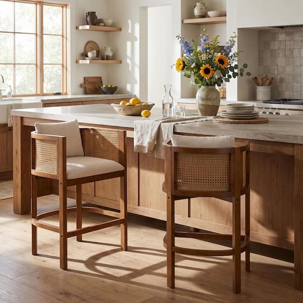 26.95 in. H Walnut Finish Wood Frame Beige Fabric Upholstered Counter Stools with Rattan Woven Backrest, Set of 2