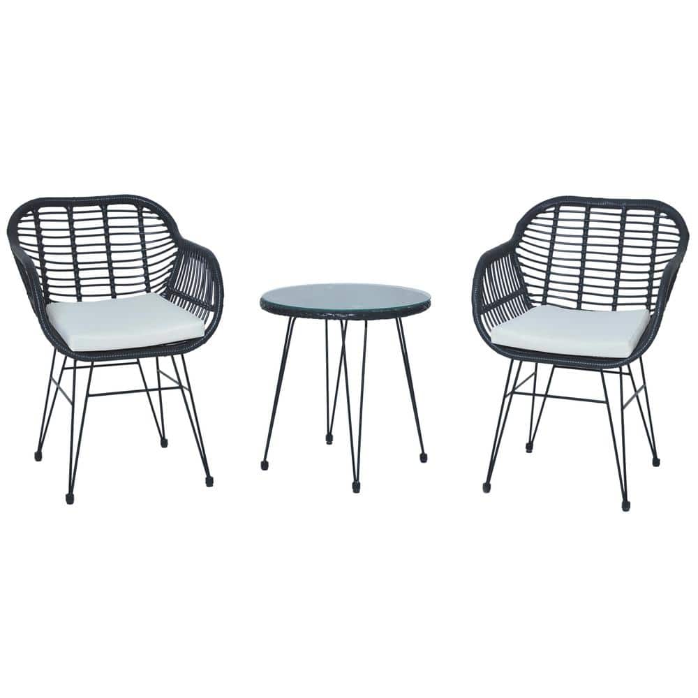 Uixe 3Piece Patio Wicker Outdoor Bistro Black Rattan Chair and Glass