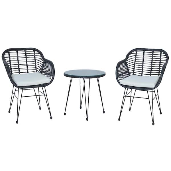 Uixe 3-Piece Patio Wicker Outdoor Bistro Black Rattan Chair and Glass Table Set with Beige Cushions