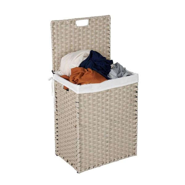 Unbranded Light Gray 18 in. x 24 in. Wicker Decorative Basket Laundry Hamper Clothes Hampers with Lid and Removable Bags