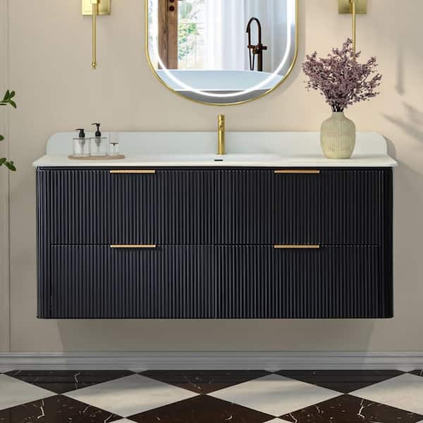 48 in. W Single Sink Float Wall Bath Vanity in Black with One-Piece White Acrylic Top, Soft Close Drawer, Pre-Assembled