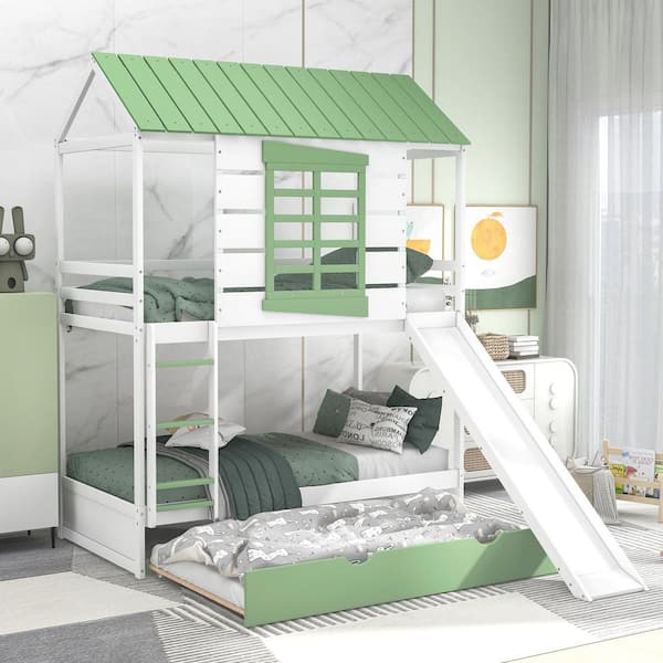Blythe White+Green Wood Frame Twin Over Twin House Bunk Bed with Convertible Slide, Ladder, Trundle