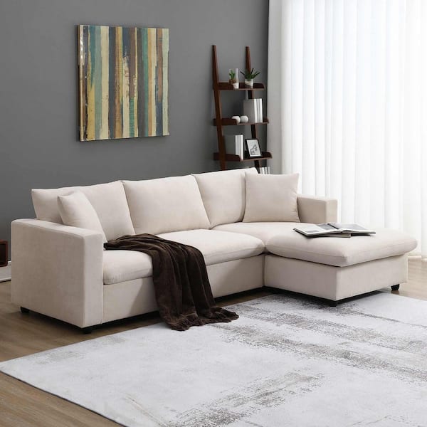 100.4 in. Square Arm Polyester L-shaped Sofa with 2 Free pillows in. Beige