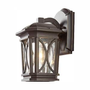 10 in. 1-Light Bronze with Brass Highlights Outdoor 5.75 in. Wall Lantern Sconce with Seedy Glass