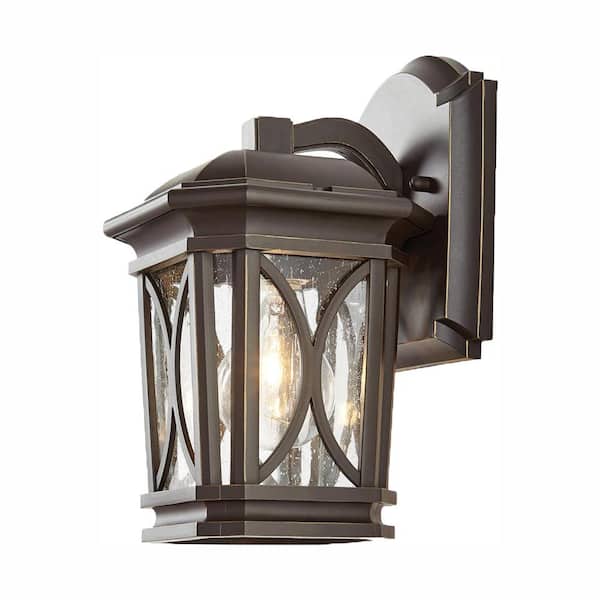Home Decorators Collection 10 in. 1-Light Bronze with Brass Highlights Outdoor 5.75 in. Wall Lantern Sconce with Seedy Glass