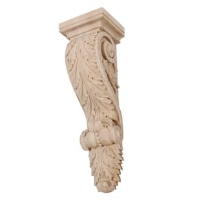 14 in. x 4-3/8 in. x 3-3/4 in. Unfinished Large Hand Carved North American Solid Hard Maple Acanthus Leaf Wood Corbel
