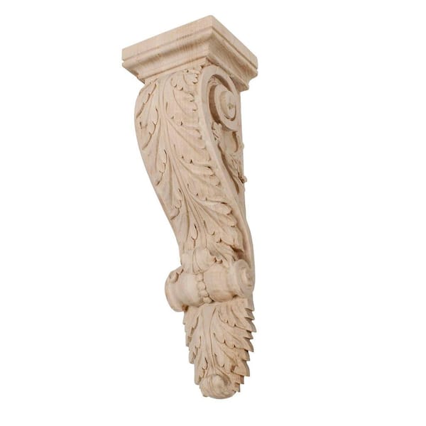 American Pro Decor 14 in. x 4-3/8 in. x 3-3/4 in. Unfinished Large Hand Carved North American Solid Hard Maple Acanthus Leaf Wood Corbel