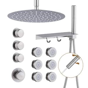 3-Spray Patterns 12 in. Round Ceiling Mounted Fixed and Handheld Shower Head 1.8 GPM in Brushed Nickel