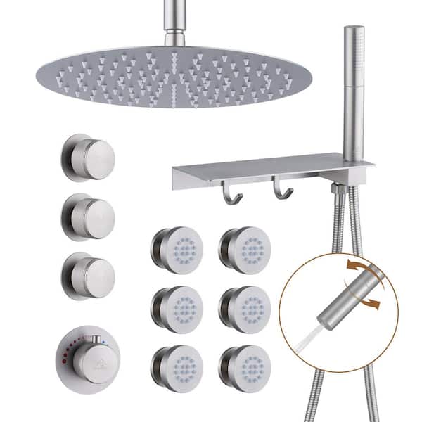 CASAINC 3-Spray Patterns 12 in. Round Ceiling Mounted Fixed and Handheld Shower Head 1.8 GPM in Brushed Nickel