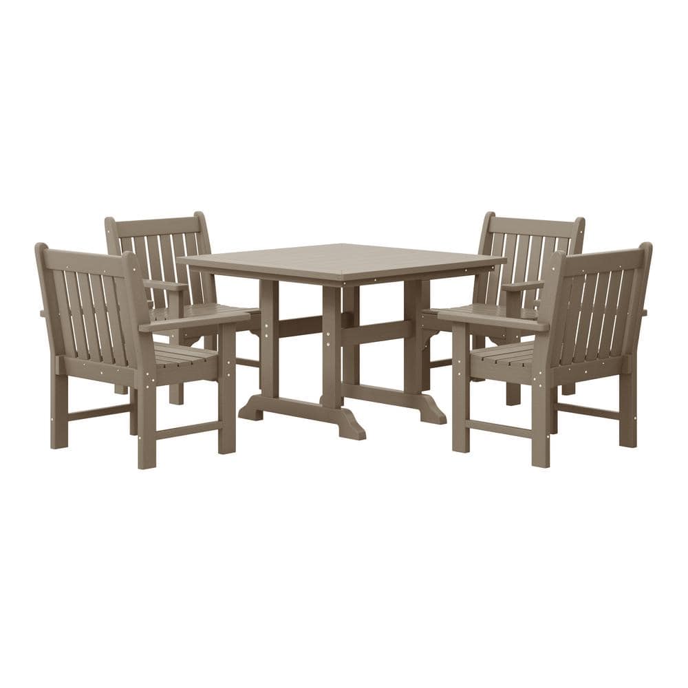 Laguna 5-Piece Outdoor Patio Poly Plastic Fade Resistant Garden Arm Chair Square Trestle Table Dining Set Weathered Wood price history on PriceWatchPro