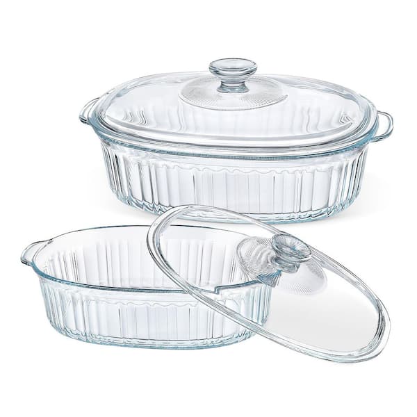2-Piece Clear Borosilicate Glass Microwaveable Cookware Baking Dish Set w/ Lids, 1.9 qt. and 3 qt. Oven and Freezer Safe