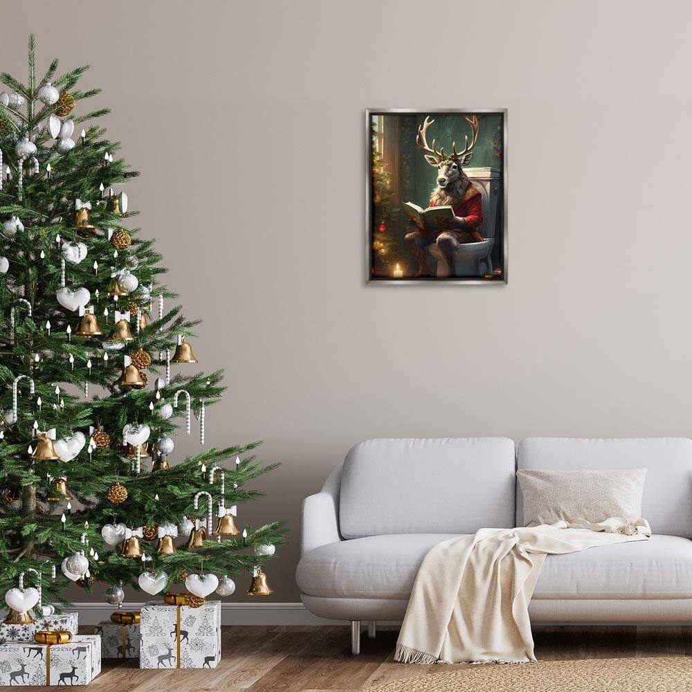 Reindeer in Festive Bathroom by Jo Moulton Gray Floater Frame Animal Graphic Art Print 31 in. x 25 in. price history on PriceWatchPro