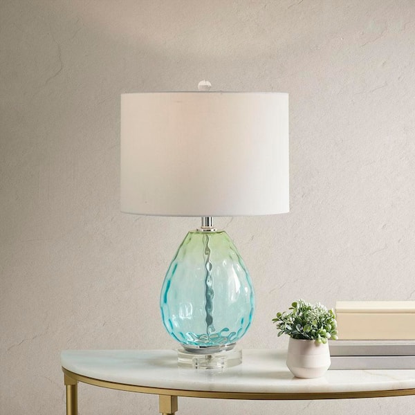 24.25 in. Blue Glass Table Lamp with Cream Drum-Shaped Lamp Shade and Dark Blue Glass Base