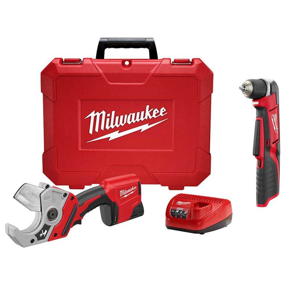 Milwaukee M12 12-Volt Lithium-Ion Cordless PVC Shear Kit with One 1.5 Ah Battery, Charger and Case w/M12 3/8 in. Right Angle Drill