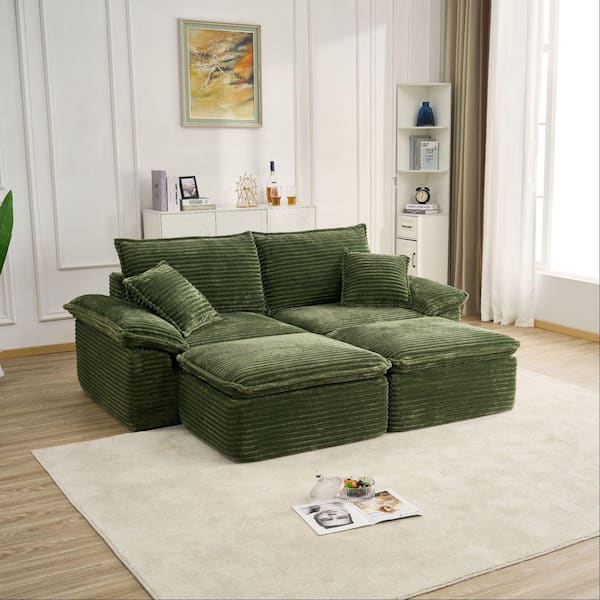 81 in. Corduroy Sectional Sofa with Ottoman, Oversized Modular Couch, Green