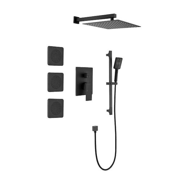 12 in. 3-Jet Wall Mount Shower Tower with Slide Bar, Handheld and Body Spray Thermostatic Massage Jets in Matte Black