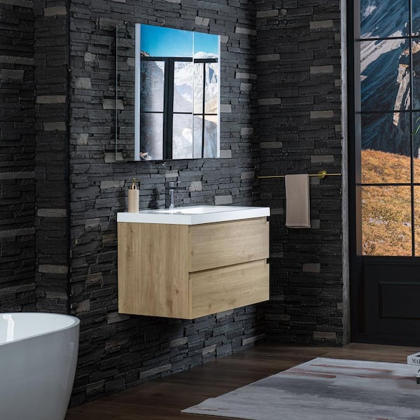 NJ 35.4 in. W x 19.63 in. D x 22.5 in. H Single Sink Floating Bath Vanity in Natural Oak with White Resin Top