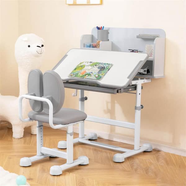 2-Piece Rectangle Wood Top Gray Kid's Study Desk and Chair Set with Tilt Desktop, Pen Holder and Tray, Reading Stand