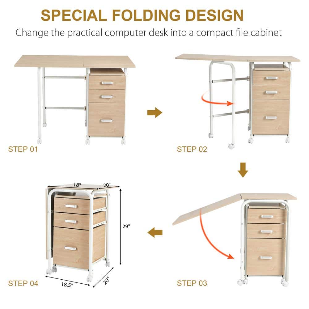Oak Foldable Computer Desk with Drawers and Wheels