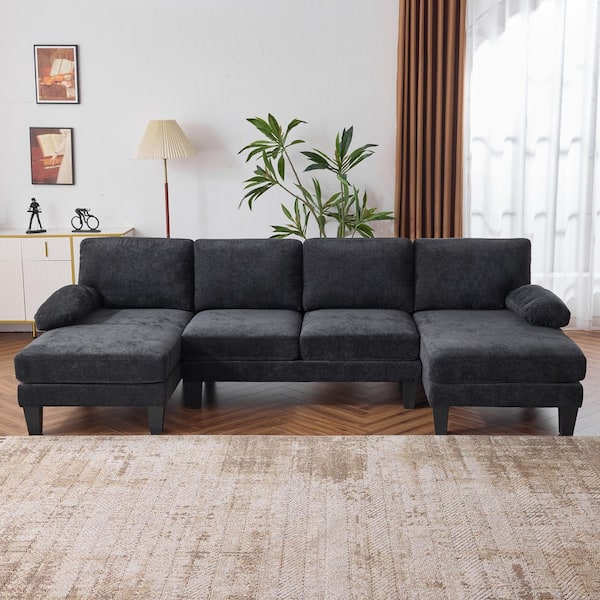111 in. Pillow Top Arm 3-Piece U-Shaped Chenille Mordern Sectional Sofa in Black