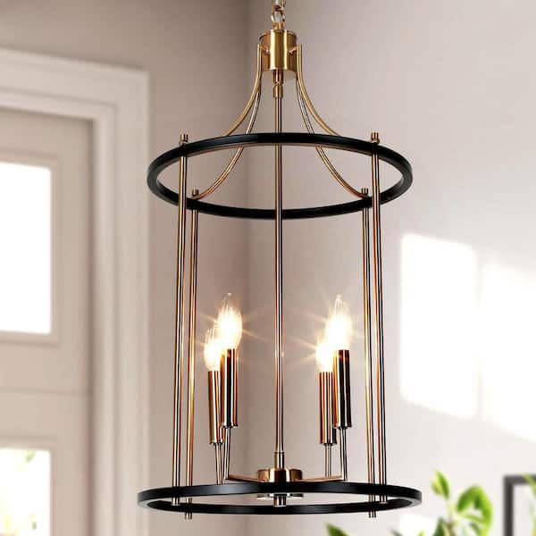 Uolfin 4-Light Electroplated Brass and Black Drum Chandelier with Black Fabric Shades