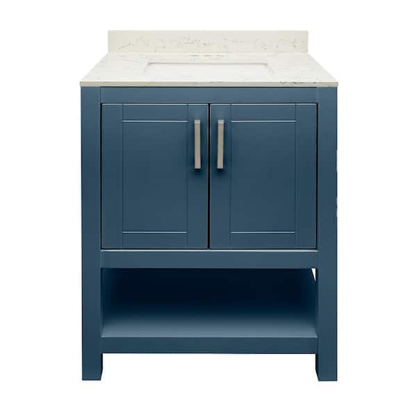 Amluxx Tufino 25 in. W x 19 in. D x 36 in. H Bath Vanity in Navy Blue with Quartz Stone Vanity Top in Lyra White