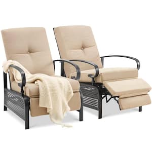 Black Reclining Metal Outdoor Lounge Chair with Beige Cushions (2-Pack)