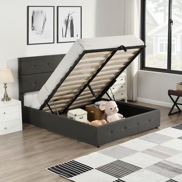 Polibi Gray Wood Frame Full Size Upholstered Platform Bed with Underneath Storage