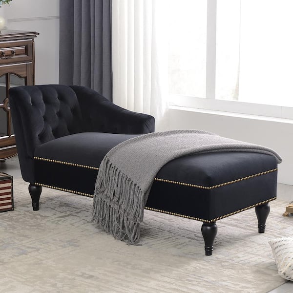 Harper & Bright Designs Black Velvet Right Arm Facing Chaise Lounge with Button-Tufted Arm and Nailhead Trim