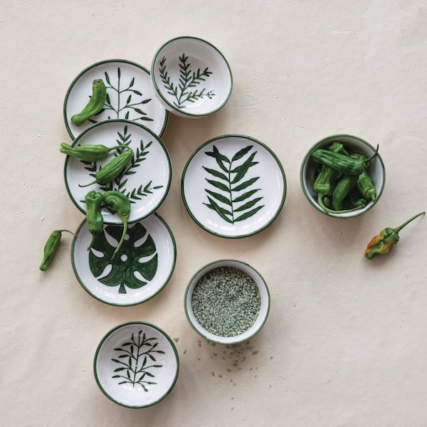 15.5 fl. oz. Beige and Dark Green Hand-Painted Stoneware Bowls with Botanical Interior (Set of 4)